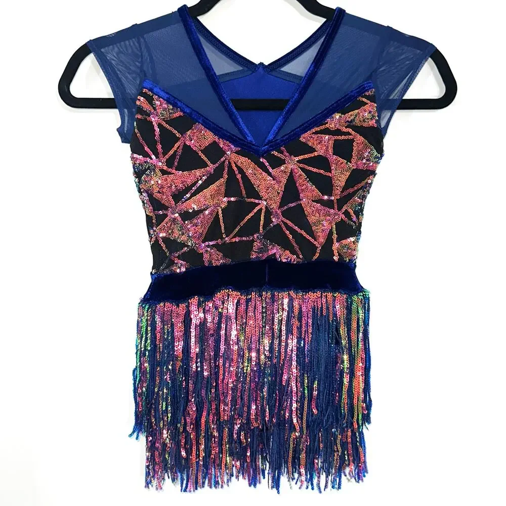 Weissman Showtime Girls ‘Misbehave’ Dance Blue Velvet Sequin Fringe Dress SC